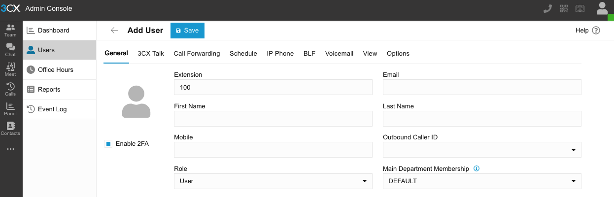 The Add user screen, showing the Extension, Email, First Name and Last Name fields