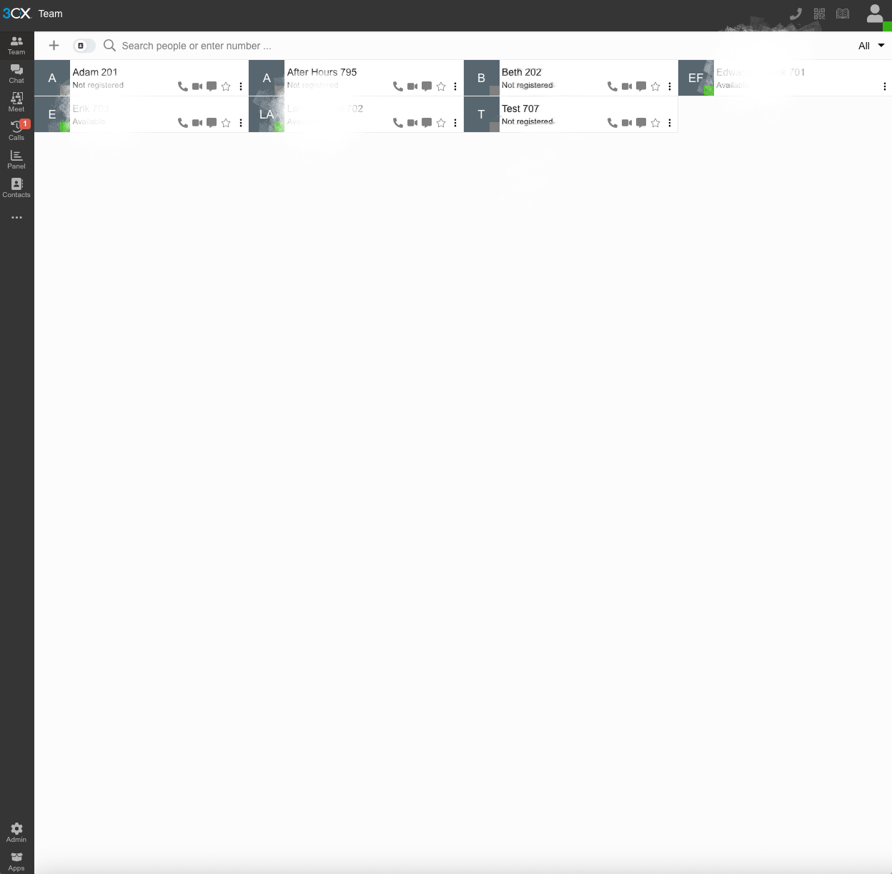 The 3CX Team view, with the Admin icon in the lower left of the screen