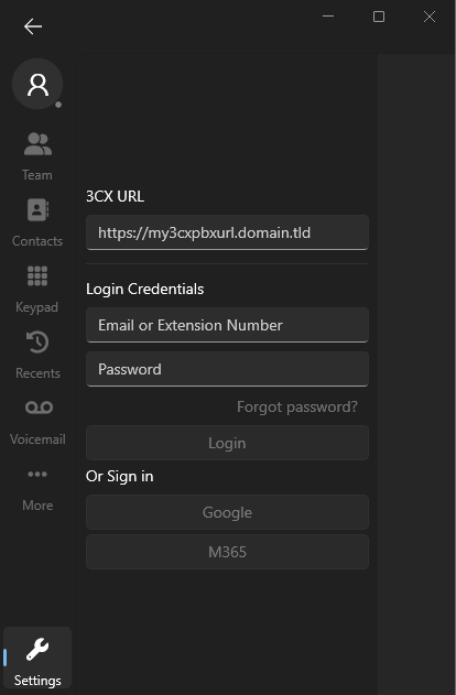 3CX Windows softphone login screen, prompting for 3CX URL, email or extension number, and password, with Google and M365 sign-in options